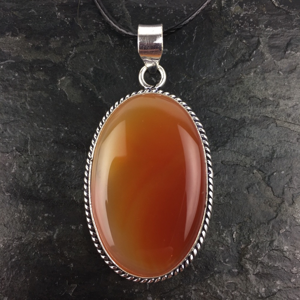 New Botswana Orange Agate Stone Silver Overlay Pendant Necklace